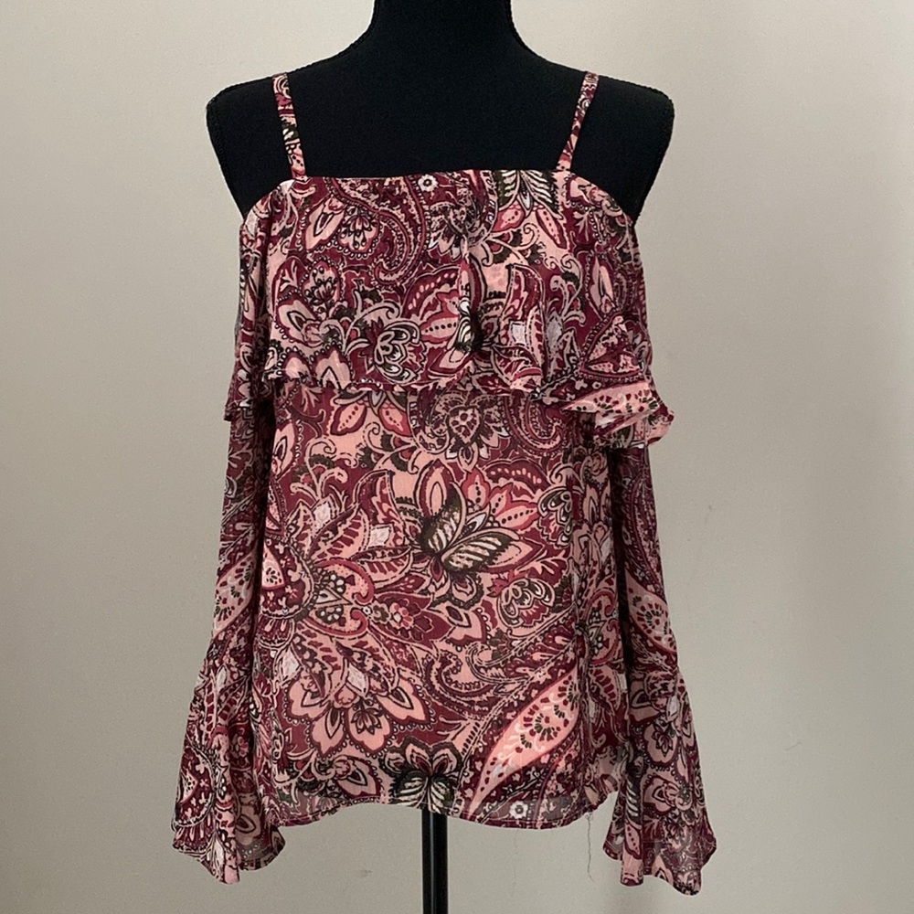 Byer Womens Burgundy Paisley Metallic Ruffle Adjustable Strap Blouse Small S